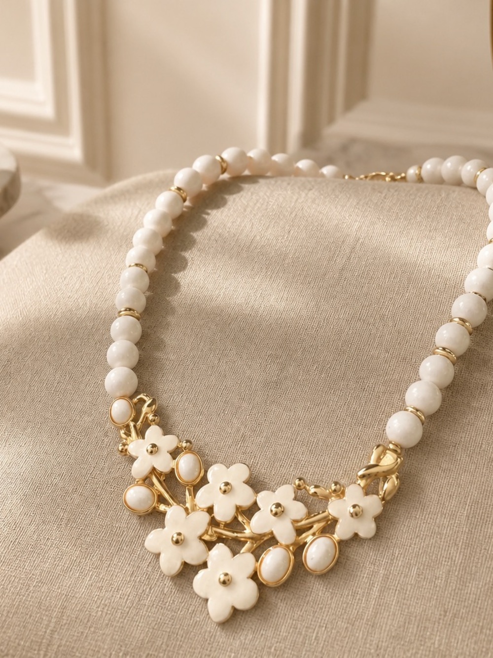 Gold-Accent White Floral Bead Necklace